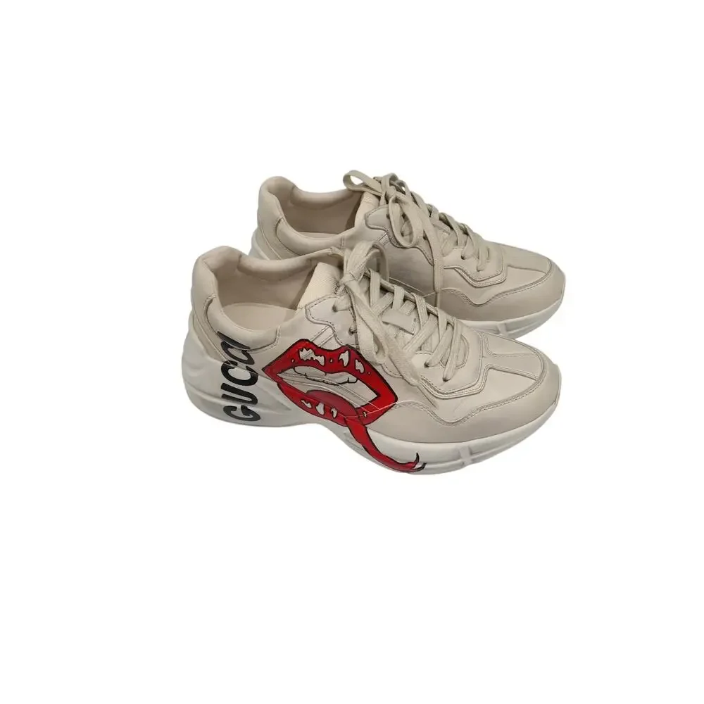 Gucci Rhyton Ivory Leather Mouth Print Lace-Up Sneakers Men's Size 5.5 US 6.5